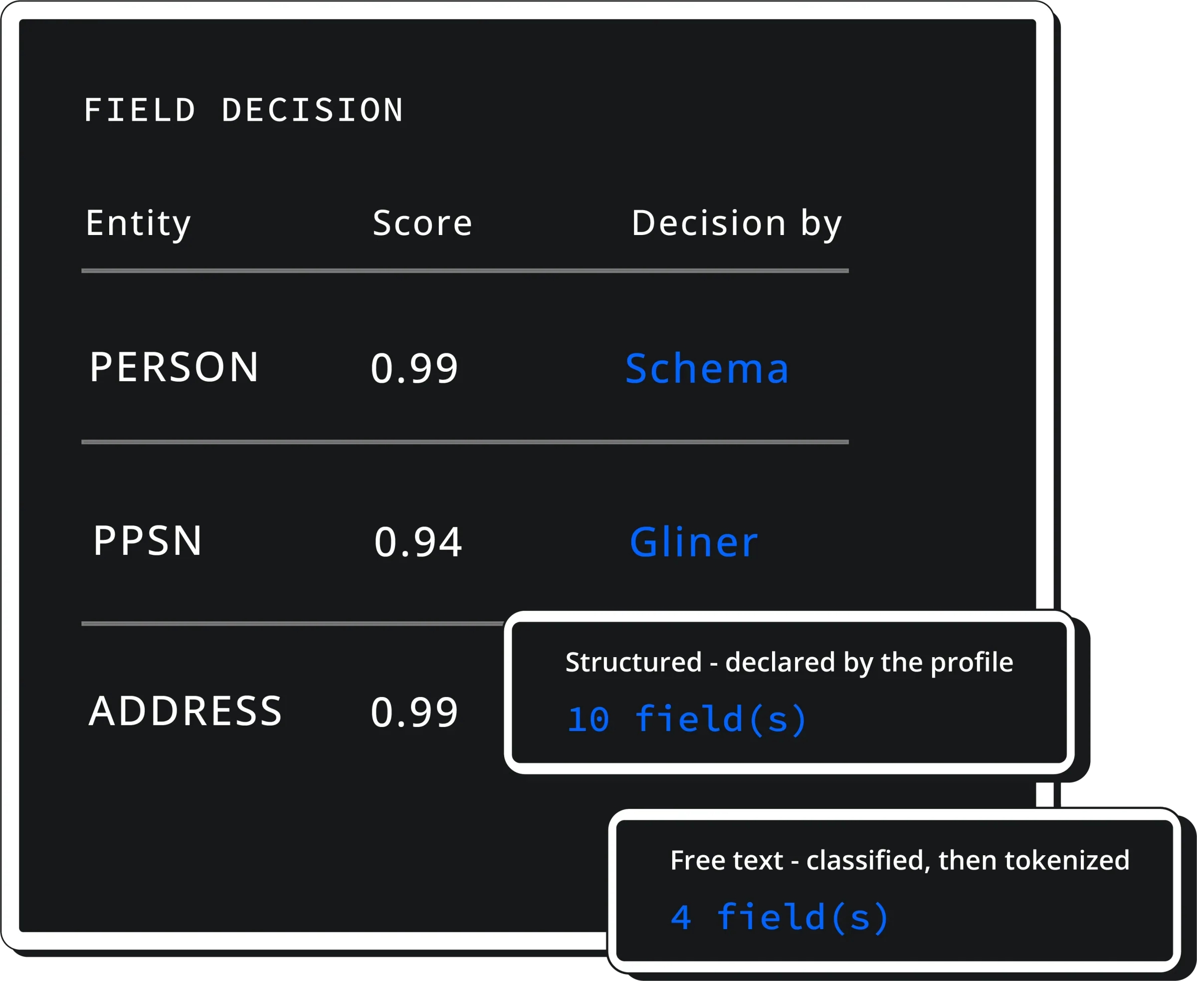 Field-level tokenization decision table showing entity, confidence score and the model that decided each protection method