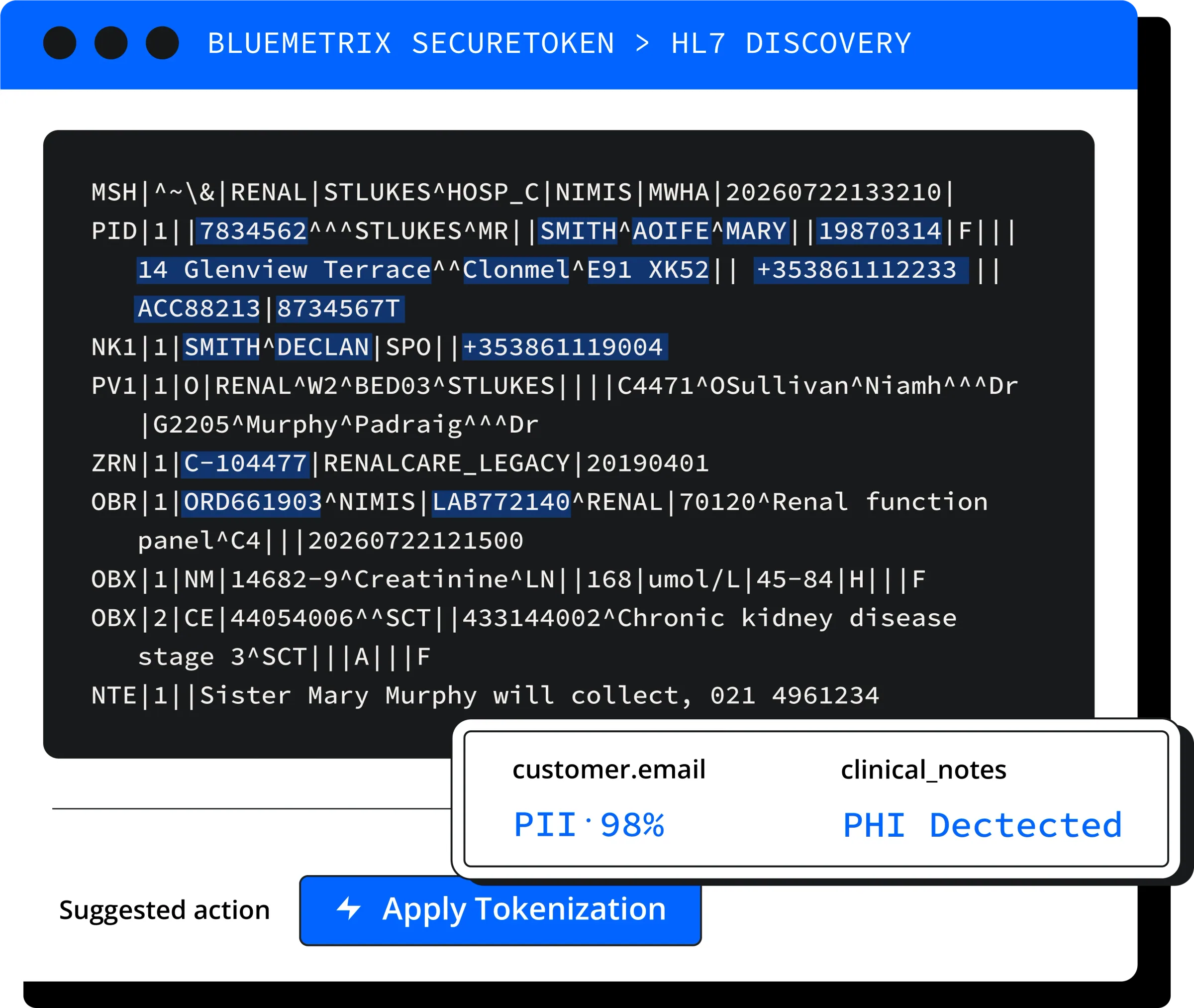 SecureToken HL7 Discovery: raw HL7 message with PII and PHI fields automatically highlighted and flagged