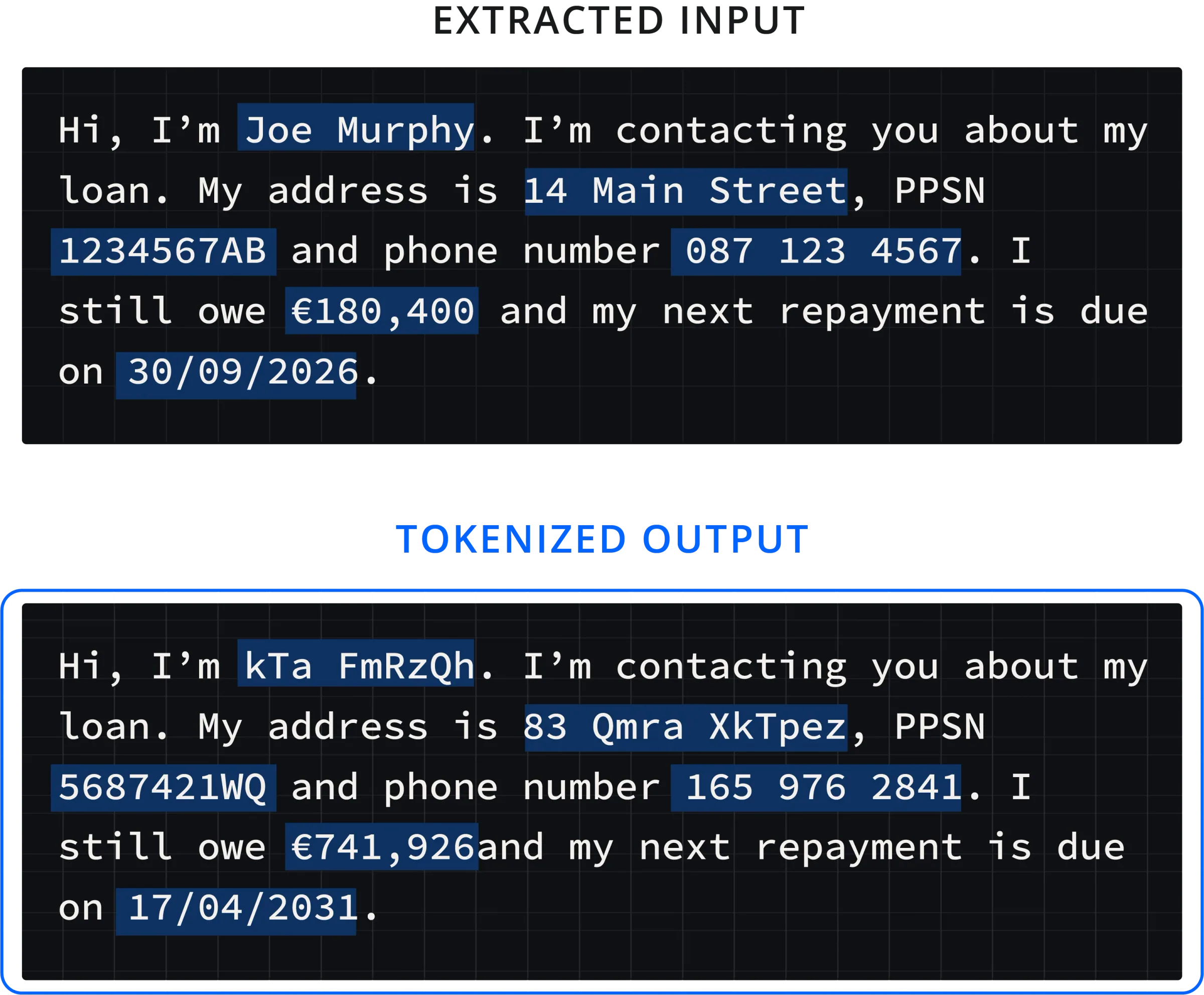 Extracted free-text loan message alongside its tokenized output, with name, address, PPSN, phone and balance all protected