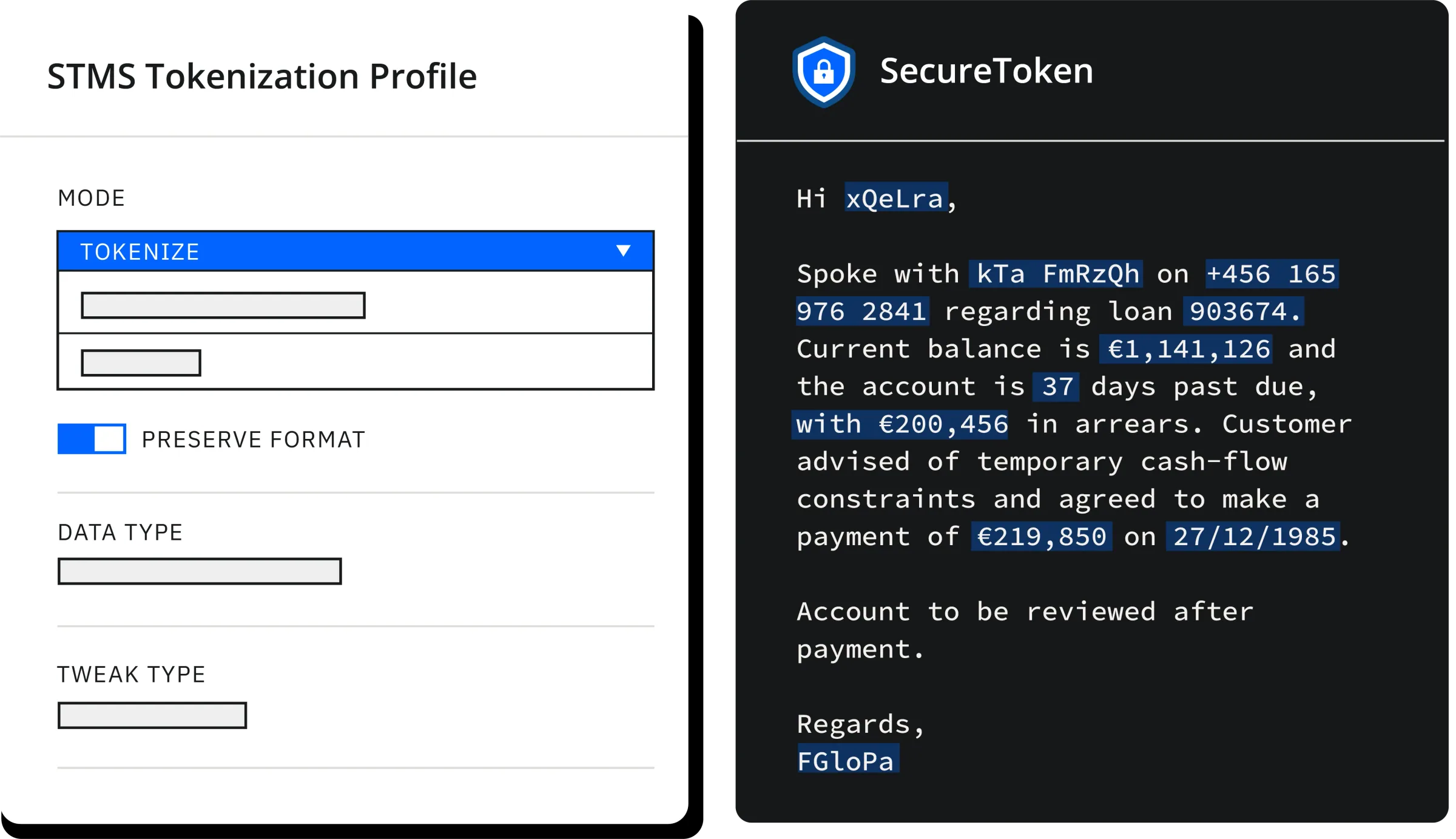 SecureToken tokenization profile applying format-preserving tokenization to a financial loan collections message