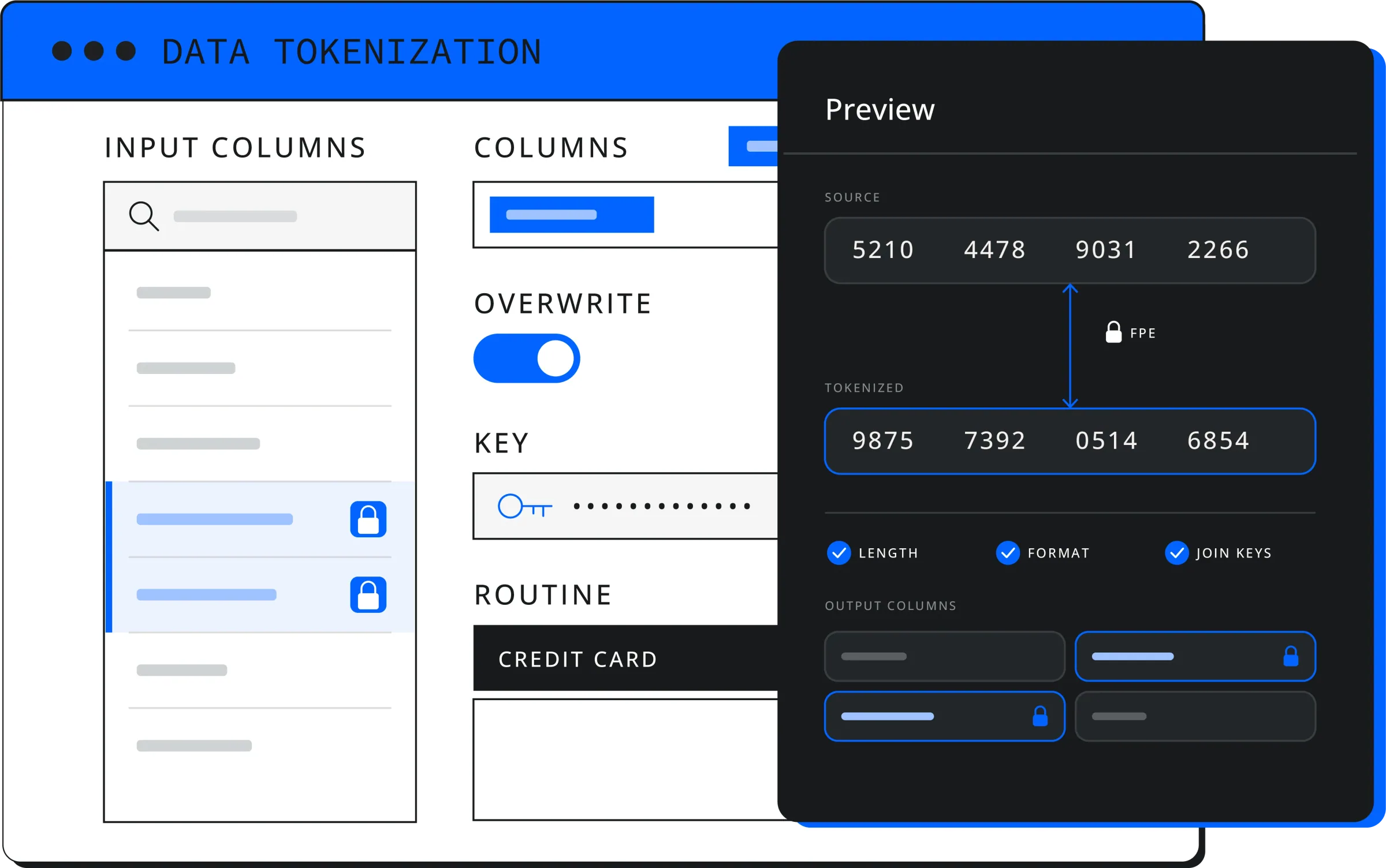 Protection policy screen applying SecureToken tokenization to sensitive fields inside the pipeline